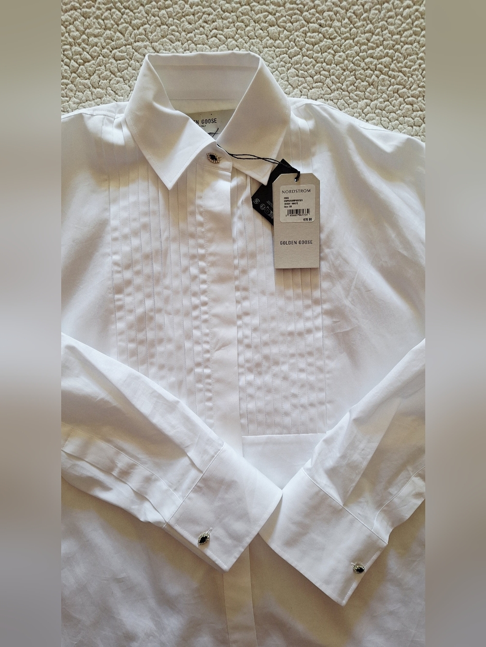 GOLDEN GOOSE Pintuck Bib Oversized Cotton Button-Up Shirt White XS Org $750 - Picture 13 of 16